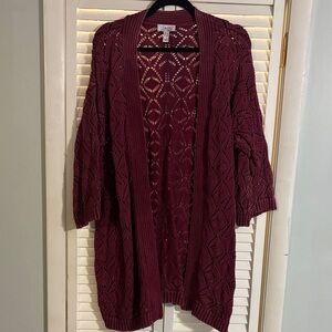 Denim&Co Burgundy Open-Knit Cardigan